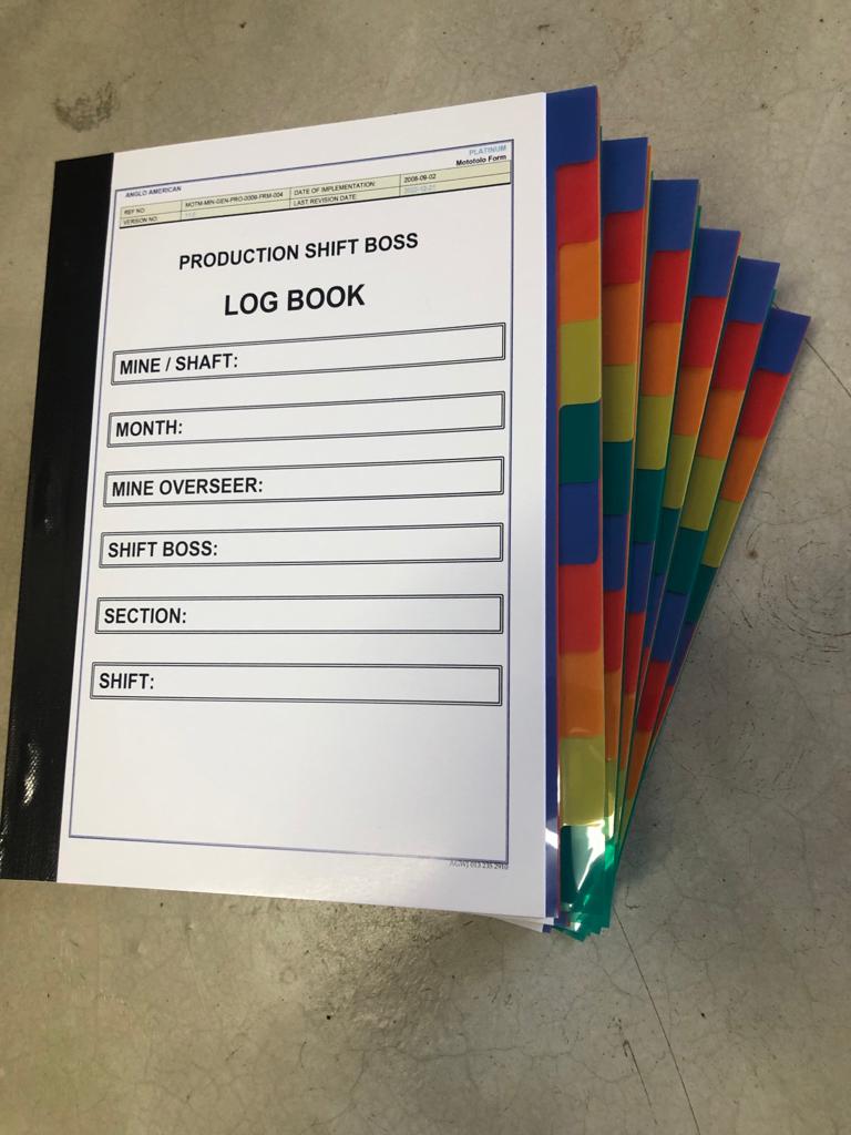 Production shift boss log book with colour-tabbed dividers
